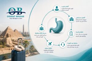 انفوجراف يوضح خطوات رحلة السفر إلى مصر لجراحة السمنة من أفضل طبيب وأفضل مستشفى وحتى المتابعة بعد العودة مع Orient Bridge