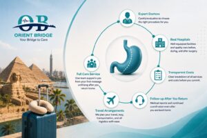 Infographic showing the patient journey steps for bariatric surgery in Egypt with Orient Bridge, from expert doctors to follow-up after you return
