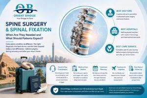 Infographic explaining spine surgery and spinal fixation, best doctors and hospitals, and the treatment journey with Orient Bridge